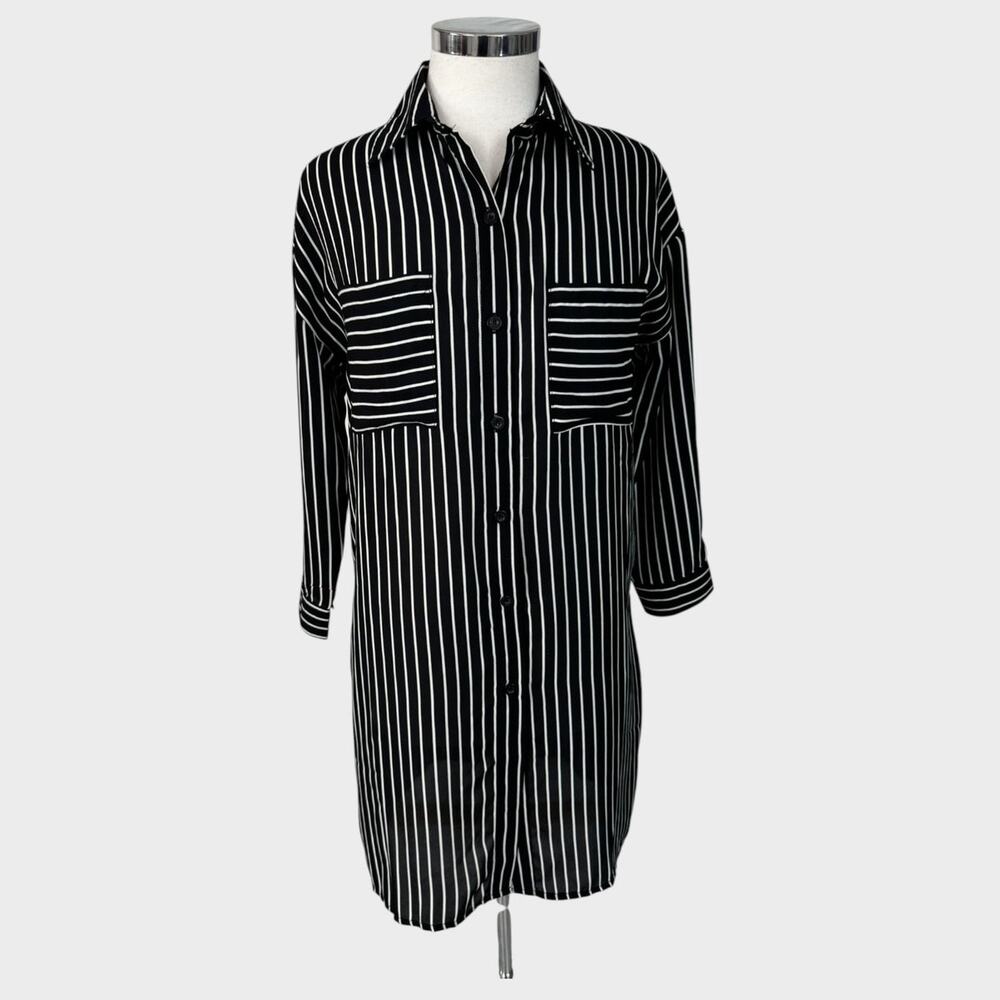 Papillon Womens Small Polyester Shirt Dress Black White Stripe